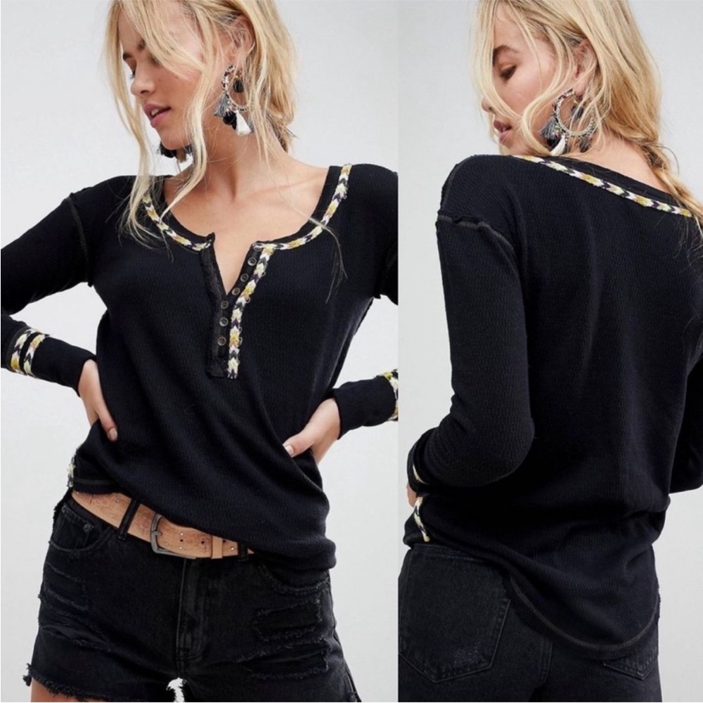 We The Free Black Rainbow Thermal Waffle Knit Embroidered Henley Top Size Small